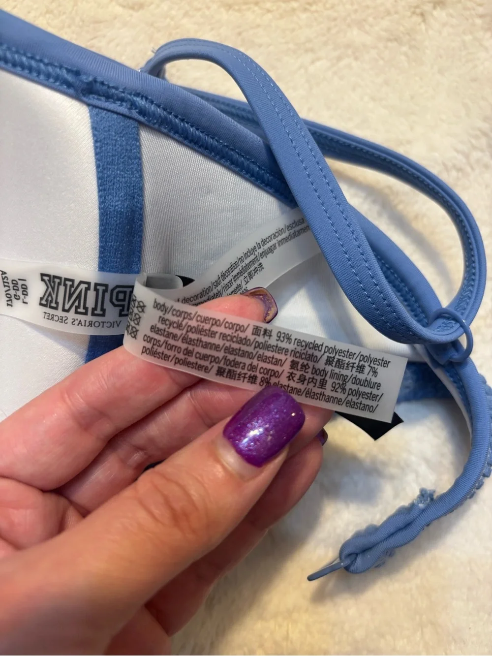NWT PINK Victoria's Secret Bikini Top L-DD Blue Crinkle TexturePushup Underwire